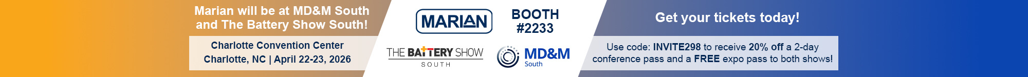 Visit Marian at The Battery Show South and MD&M South, Booth #2233!